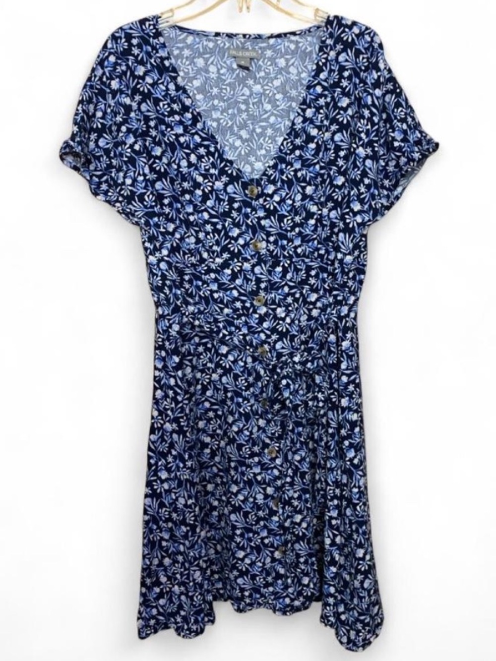 Falls Creek Blue and White Floral Tie Waist Dress V Neck Button Up Front Size M